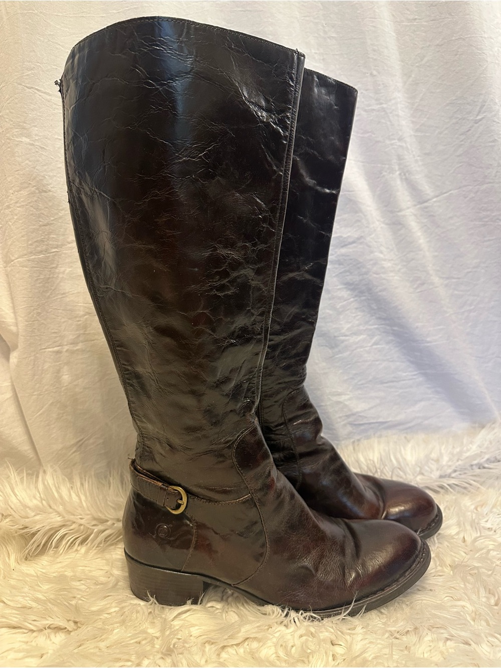 Børn Brown Leather Tall Riding Boots Size 10M Buckle Plaid Lined